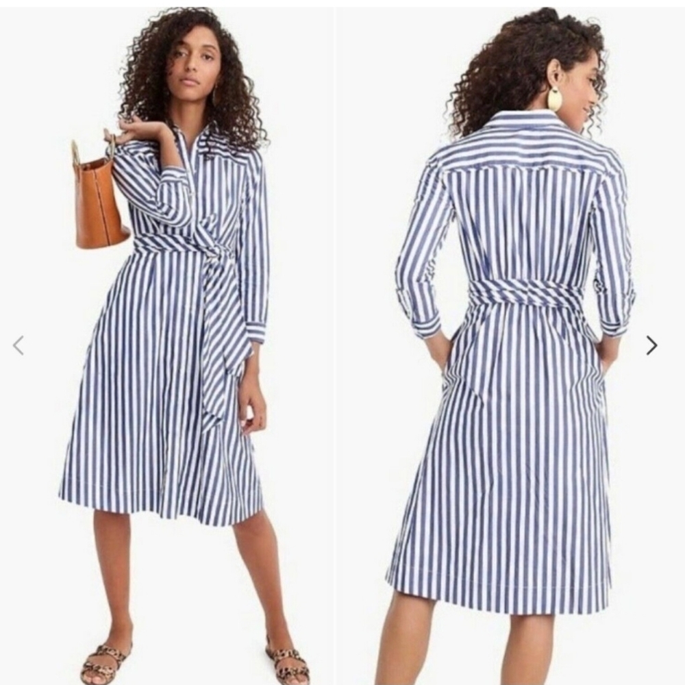 J.CREW Tie Waist Shirt Dress in Cotton Blue White Stripe Size 2